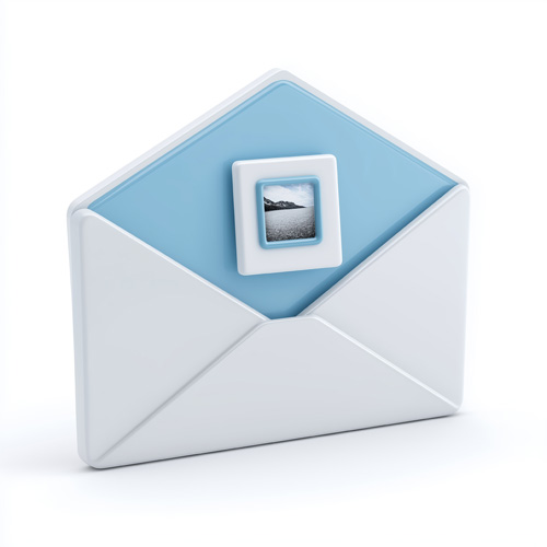 This 3D render resembles a glossy mail or message icon, featuring a white and light blue open envelope with a small framed photo insert.